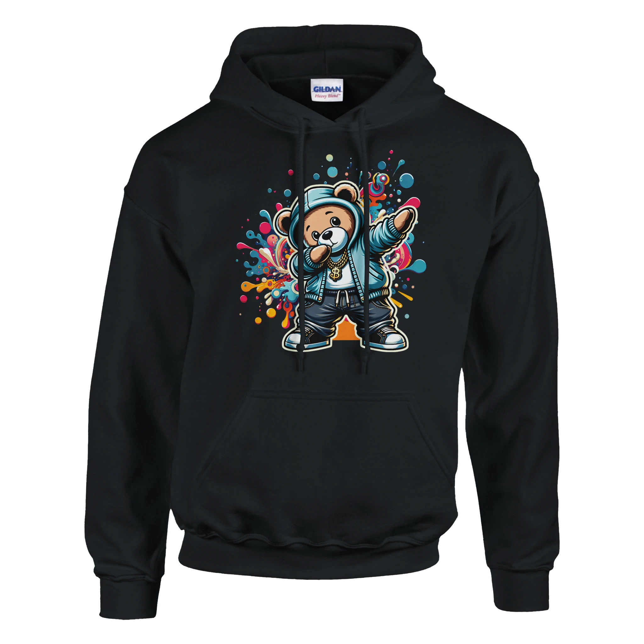 Black men's Dab Teddy Bear Hoodie with colorful front graphic of a dab-dancing teddy bear.