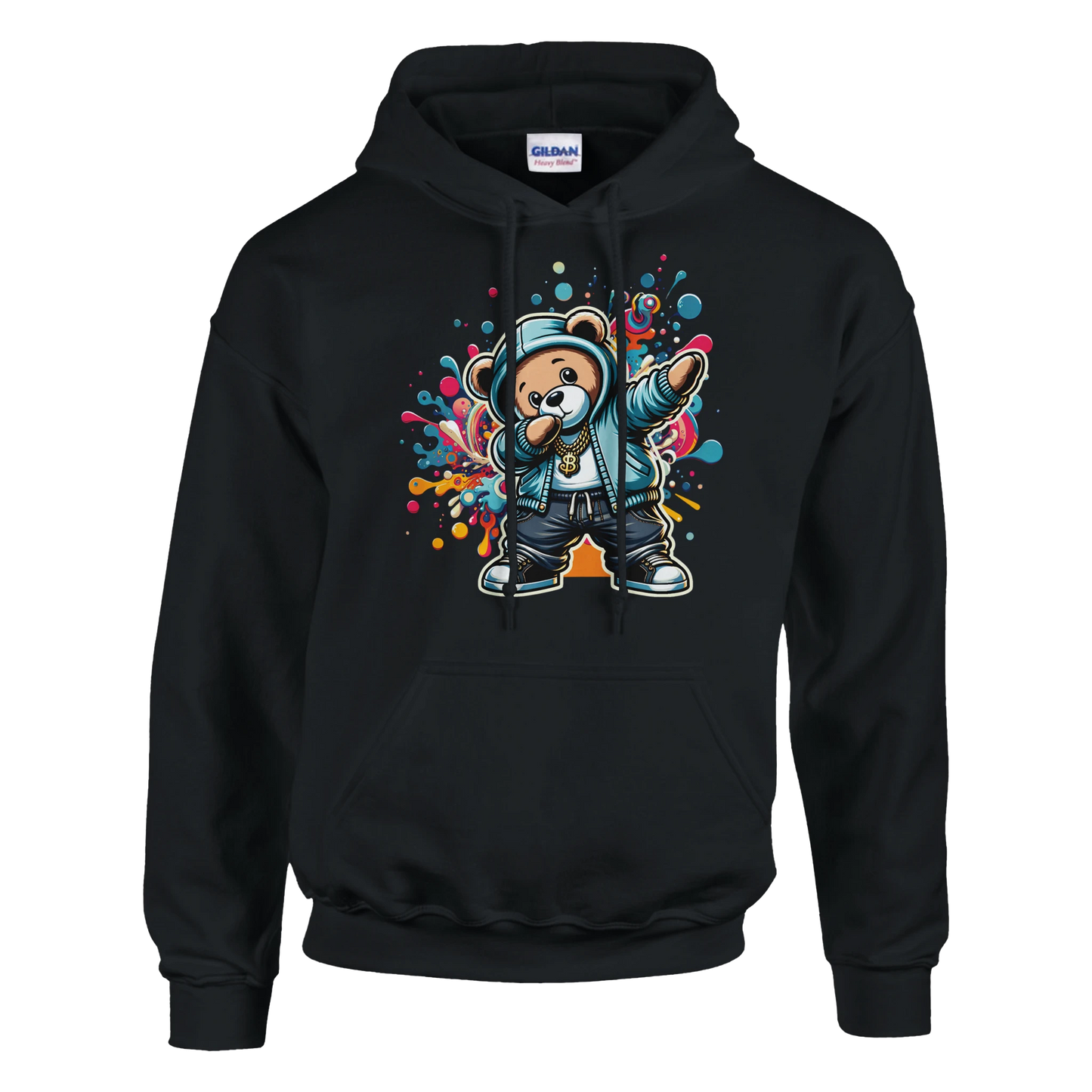 Black men's teddy bear hoodie with a bear graphic and colorful design on a white background