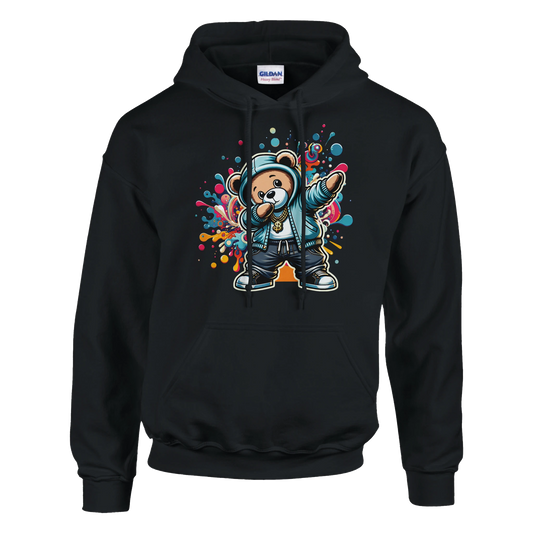 Black men's teddy bear hoodie with a bear graphic and colorful design on a white background