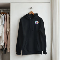 Black women's hoodie featuring a colorful retro tropical palm tree logo on the chest and a front pouch pocket.