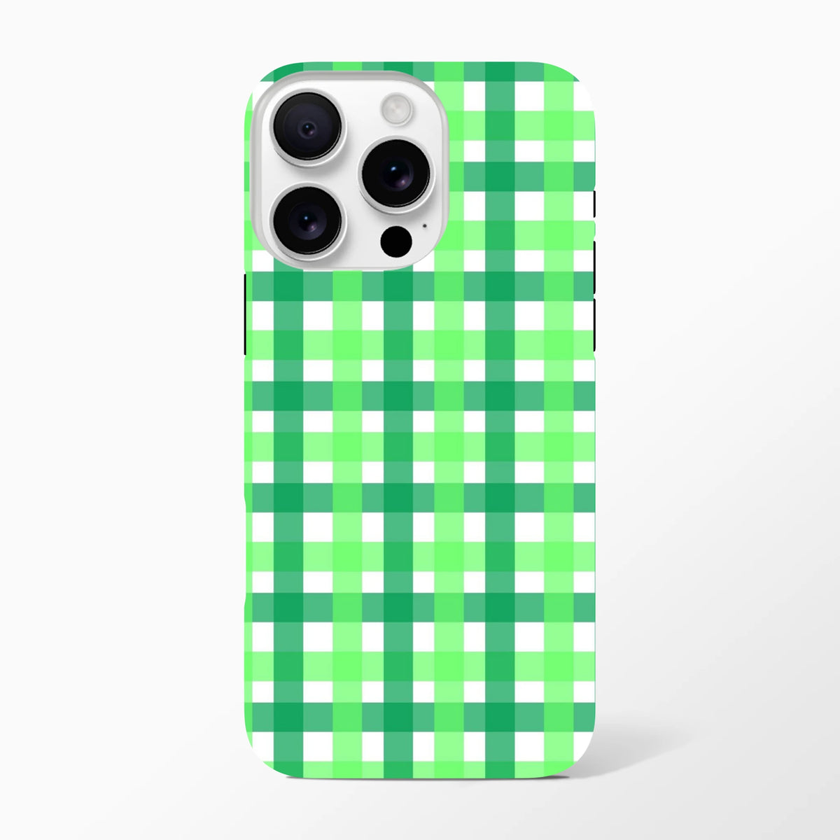 Retro green gingham iPhone case featuring bold plaid pattern for shock-resistant protection on iPhone 13-16 models.