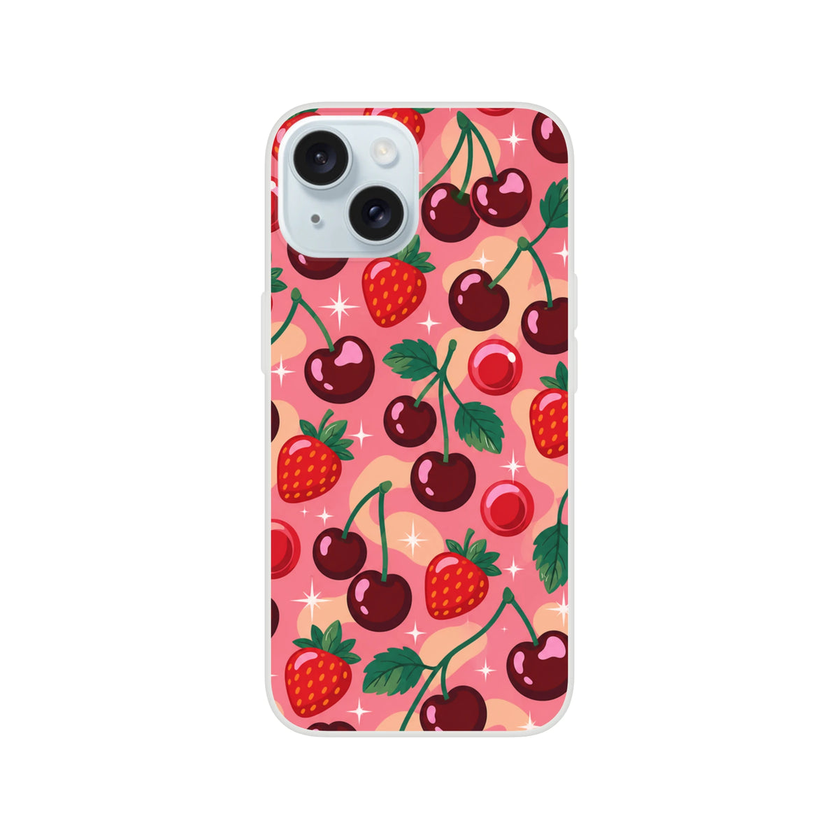 Retro pink iPhone case with cherry and strawberry pattern. Shock-absorbing TPU cover for iPhone 13-16 models.