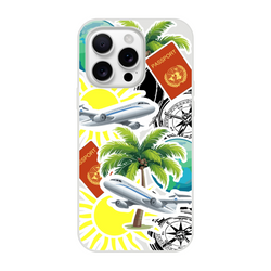 Transparent iPhone case featuring travel sticker collage with palm trees, airplanes, passports, and compasses for urban exploration.
