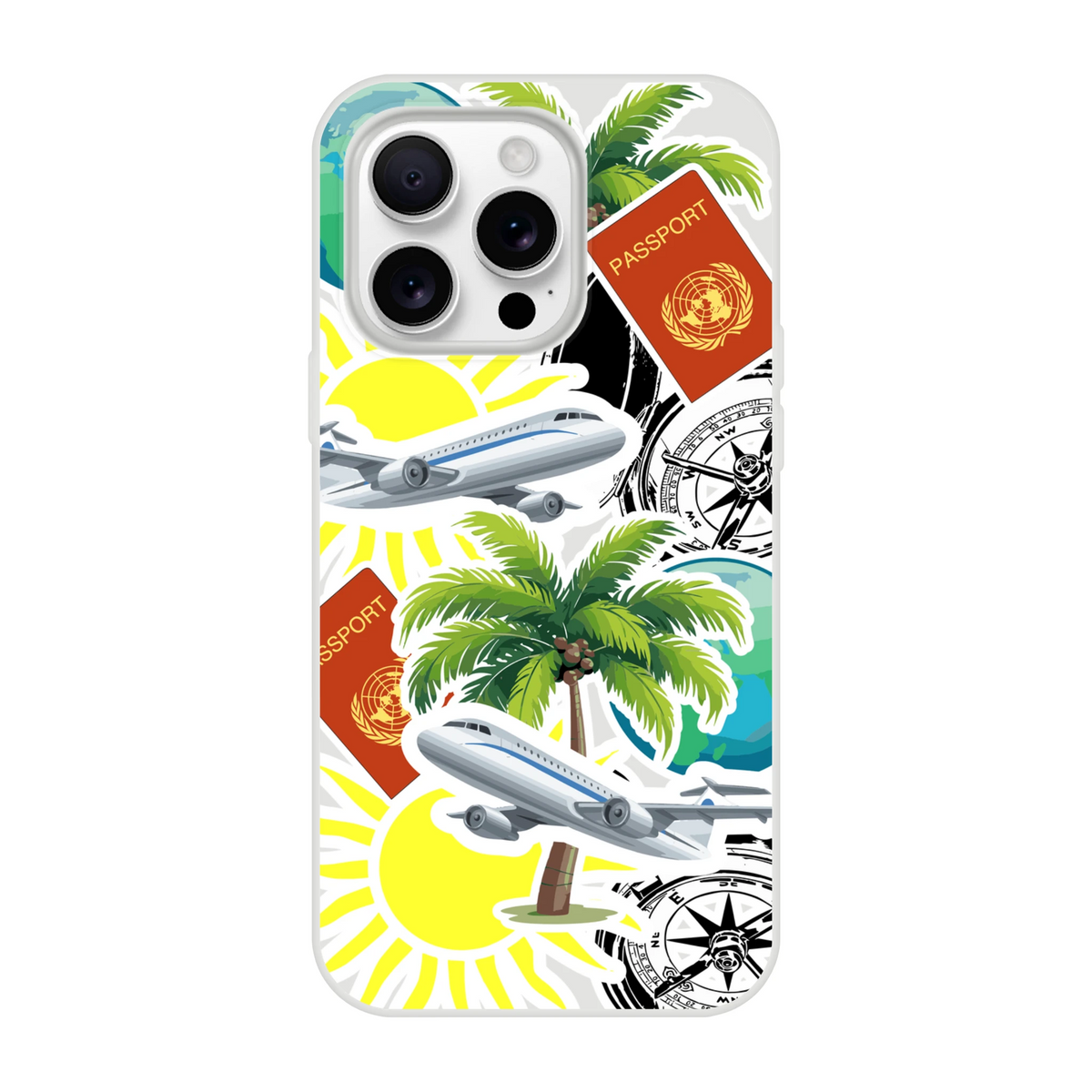 Transparent iPhone case featuring travel sticker collage with palm trees, airplanes, passports, and compasses for urban exploration.