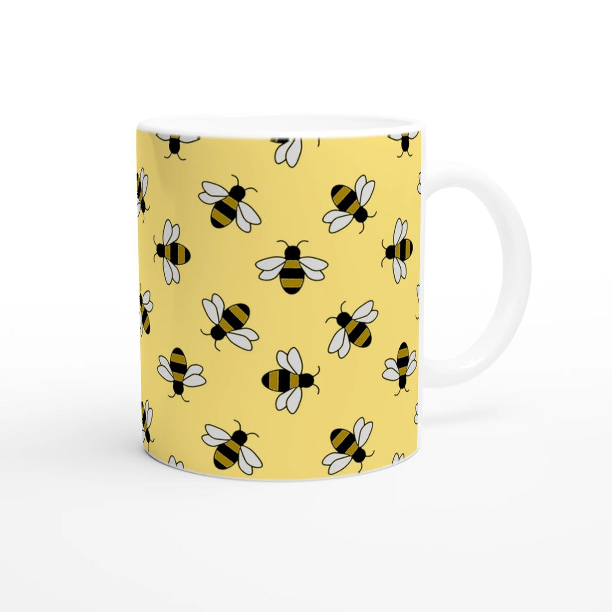 Yellow ceramic mug with cute bee illustrations, bee-lovers coffee cup for daily use