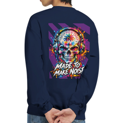 Navy men's sweatshirt back print featuring a colorful skull wearing headphones, a palm tree, and "Made to Make Noise" graffiti text.