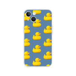Blue rubber duck iPhone case for iPhone 13–16 with repeating yellow duck pattern and matte finish.
