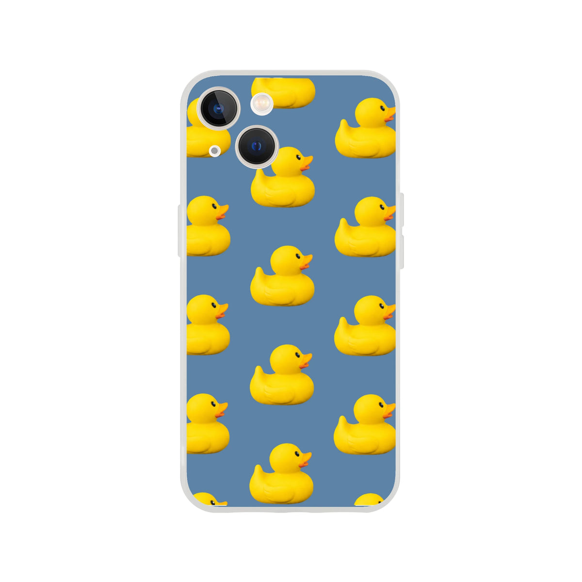 Blue rubber duck iPhone case for iPhone 13–16 with repeating yellow duck pattern and matte finish.