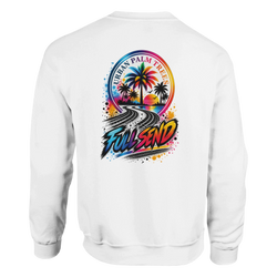 Back of white Full Send petrolhead sweatshirt featuring colorful Urban Palm Trees graphic with tire tracks and retro sunset design.