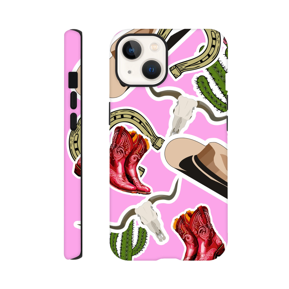 Pink Western tough iPhone case featuring red cowboy boots, cacti, horseshoes, and longhorn skulls for drop resistance.