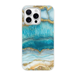 Blue and Gold Marble iPhone Case (13-16) with ocean-agate pattern and gold veining.