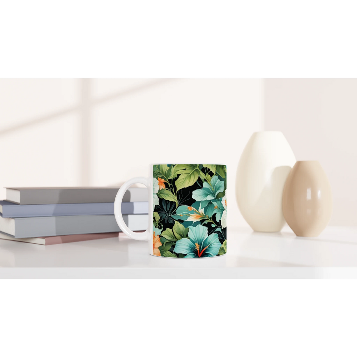Tropical Hibiscus Mug with Floral Hawaiian design for coffee or tea at home or office.