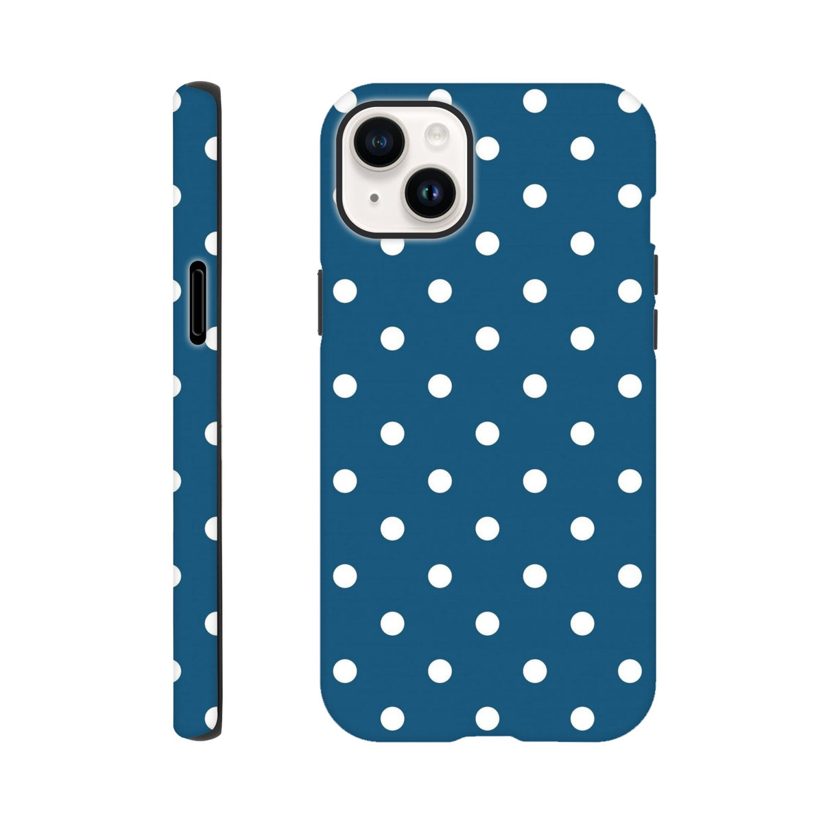 Navy blue iPhone case with white polka dots featuring a tough dual-layer shell and wraparound gloss finish for shock absorption.