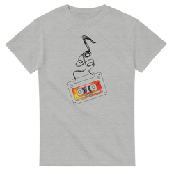 Grey women's t-shirt featuring a retro cassette tape graphic with "90s Hits" label and unwinding magnetic tape. Vintage music aesthetic top.