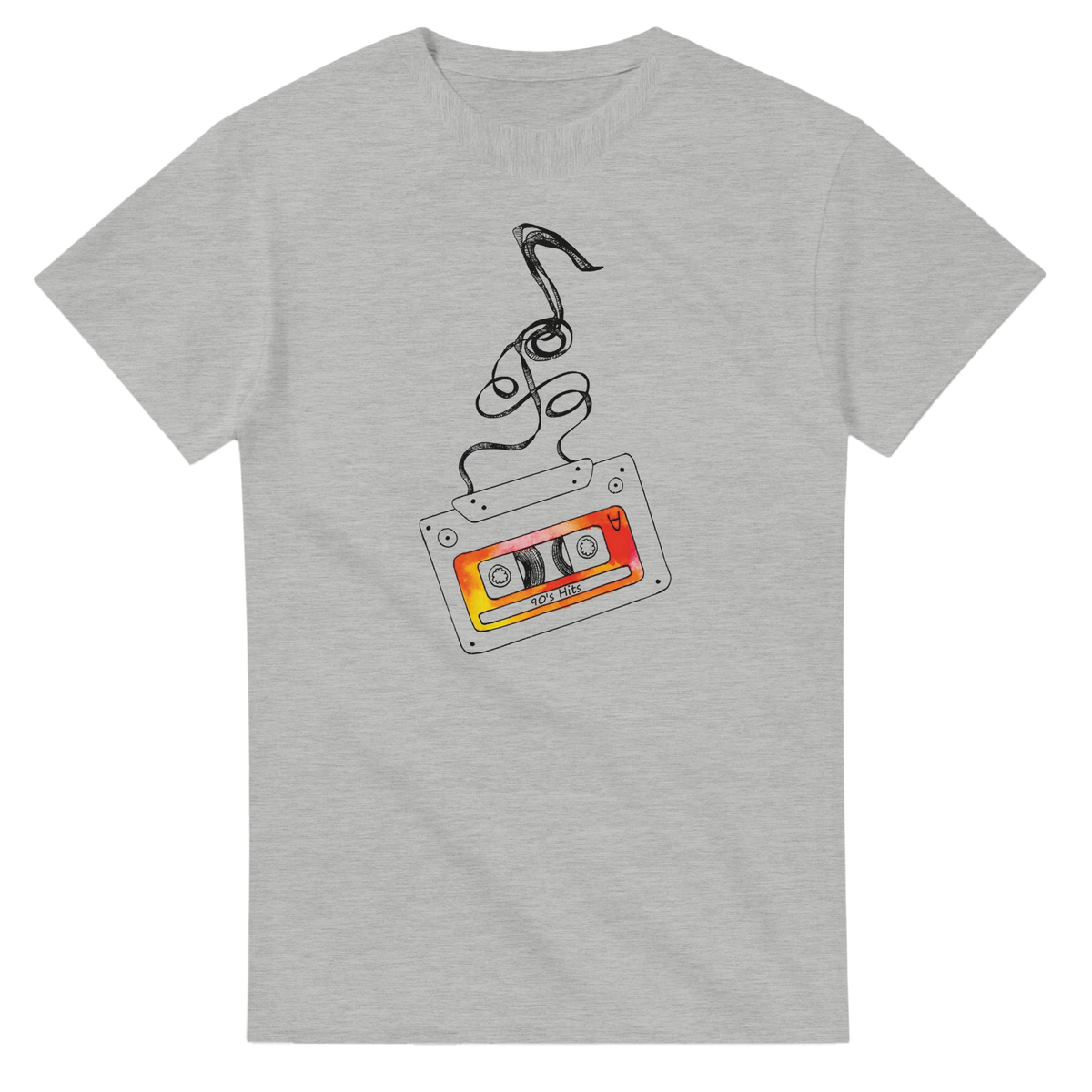 Grey women's t-shirt featuring a retro cassette tape graphic with "90s Hits" label and unwinding magnetic tape. Vintage music aesthetic top.