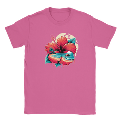 Pink women's T-shirt featuring a bold, colorful hibiscus tropical flower design for a retro summer vibe.