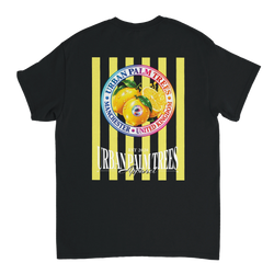 Back of black t-shirt featuring retro yellow striped graphic with lemons and Urban Palm Trees text.