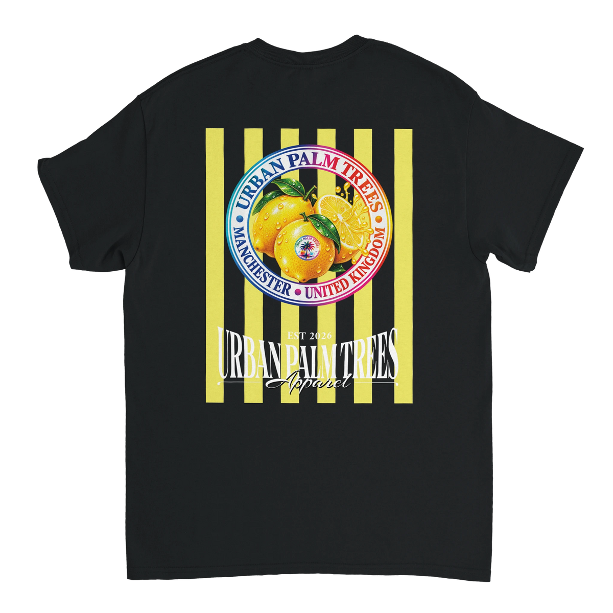 Back of black t-shirt featuring retro yellow striped graphic with lemons and Urban Palm Trees text.
