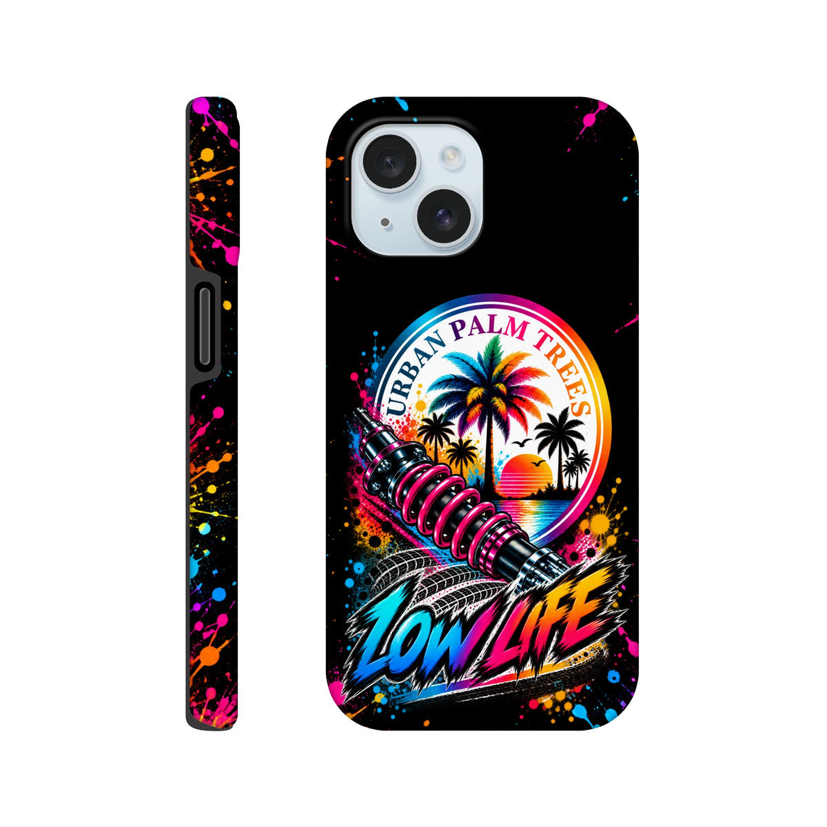Vibrant Low Life iPhone case featuring a shock absorber, palm trees, and colorful splatter art against a black background.