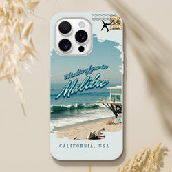 Vintage postcard Malibu Holiday iPhone case for 13–16 with palm trees and beach scene.