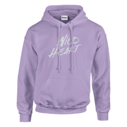 Cute lavender hoodie with white Wild Heart slogan graphic for women, cozy casual streetwear.