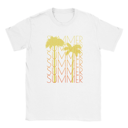 White women's T-shirt with a yellow-orange palm tree silhouette and stacked SUMMER text design.