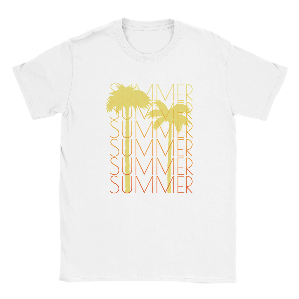 White women's T-shirt with a yellow-orange palm tree silhouette and stacked SUMMER text design.