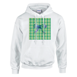 White hoodie with green gingham square and purple bow graphic. Cute coquette aesthetic pullover for women.