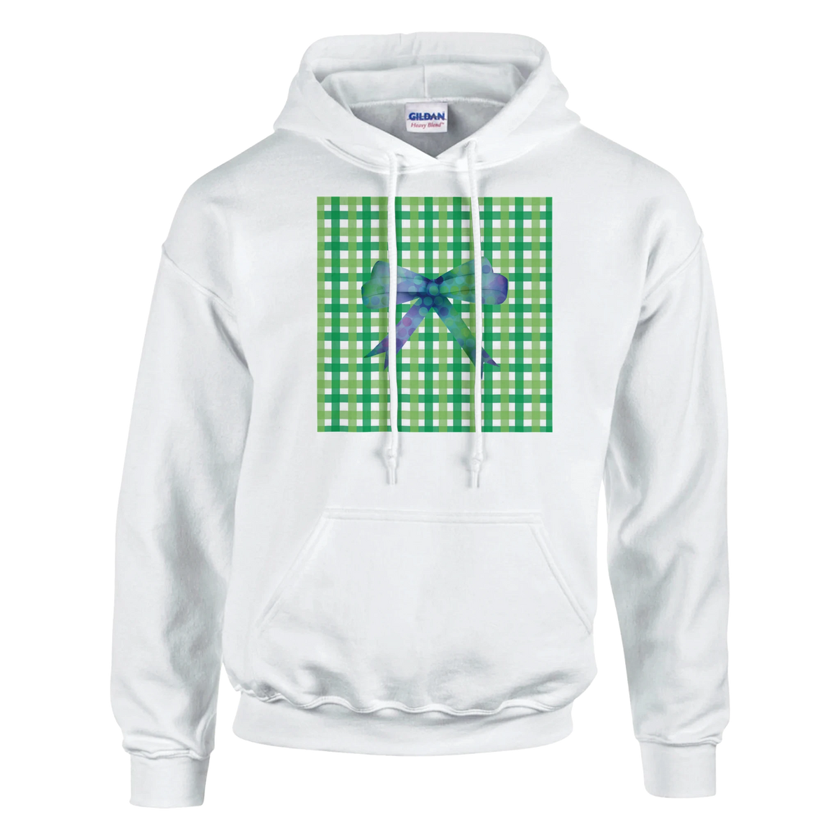 White hoodie with green gingham square and purple bow graphic. Cute coquette aesthetic pullover for women.