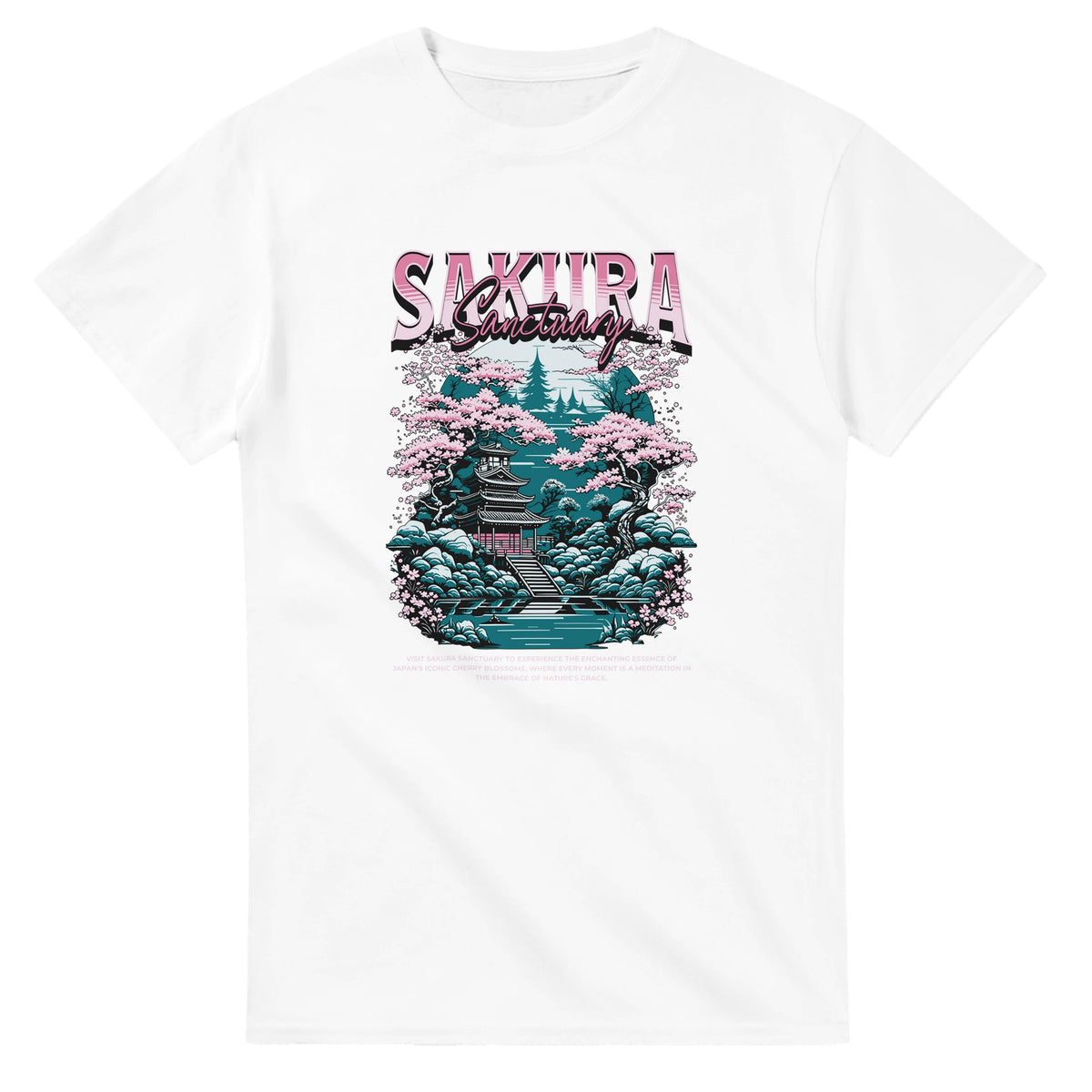 White T-shirt featuring Sakura Sanctuary graphic with pink blossoms, pagoda, and teal landscape.