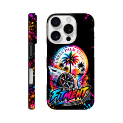Fitment iPhone case with modified car, Urban Palm Trees sunset graphic, and colorful paint splatters on a black background.