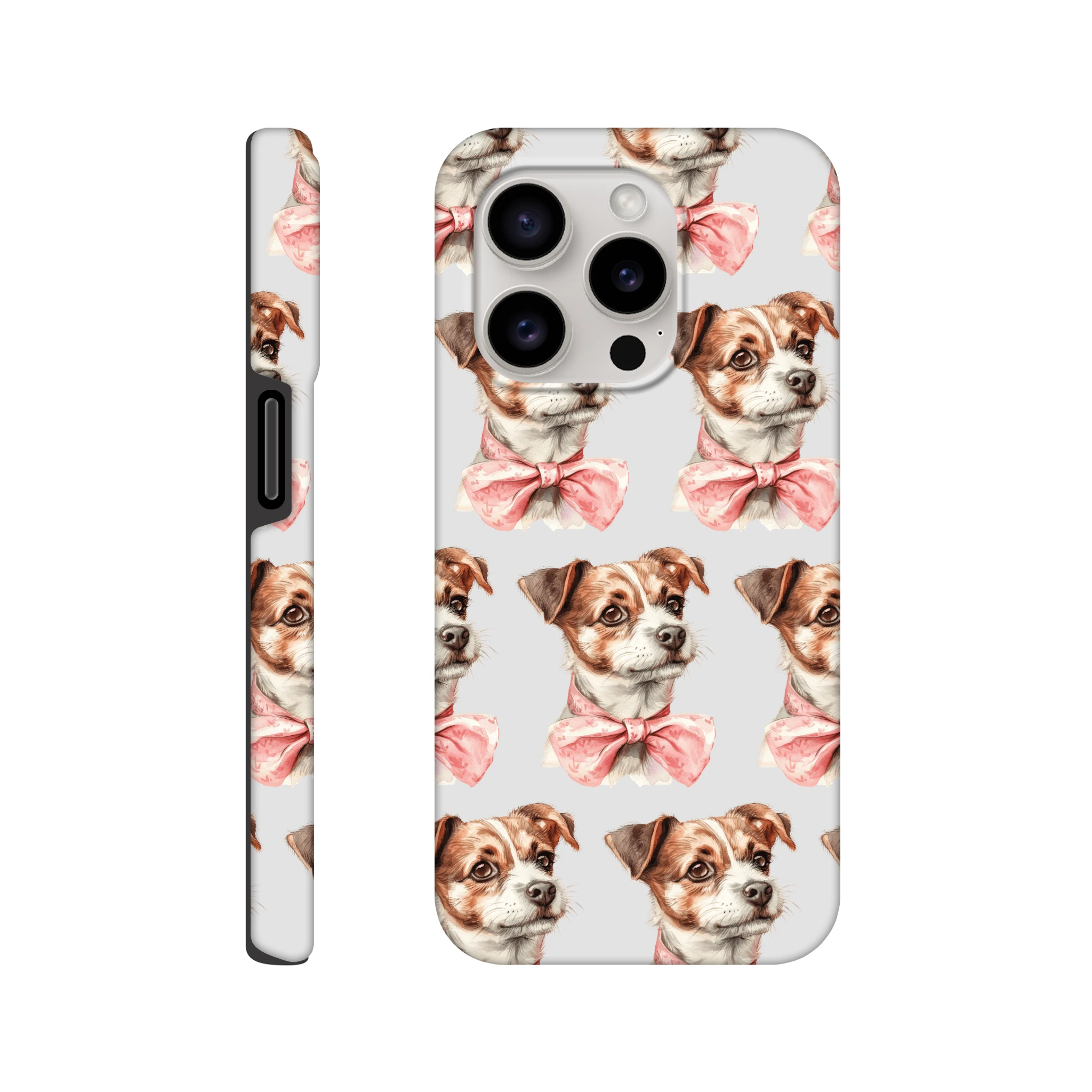 Cute dog print phone case with pink bows, tough protective wraparound design for iPhone 16–13, glossy finish.