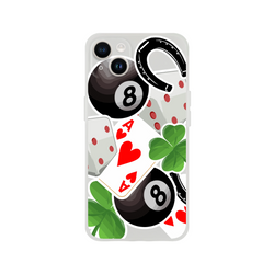 Transparent iPhone case featuring lucky horseshoe, 8 ball, ace of hearts, and clover design for street style.