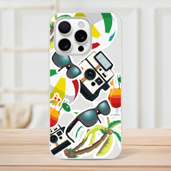 Transparent iPhone case featuring a summer holiday sticker collage with palm trees, vintage cameras, sunglasses, and tropical cocktails.