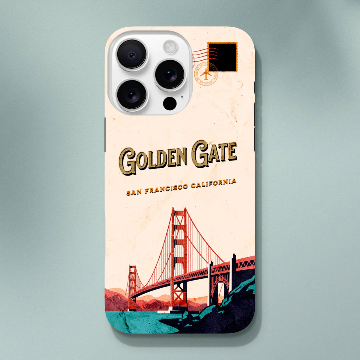 Retro San Francisco iPhone case featuring vintage Golden Gate Bridge postcard design with邮票 graphic and distressed typography.