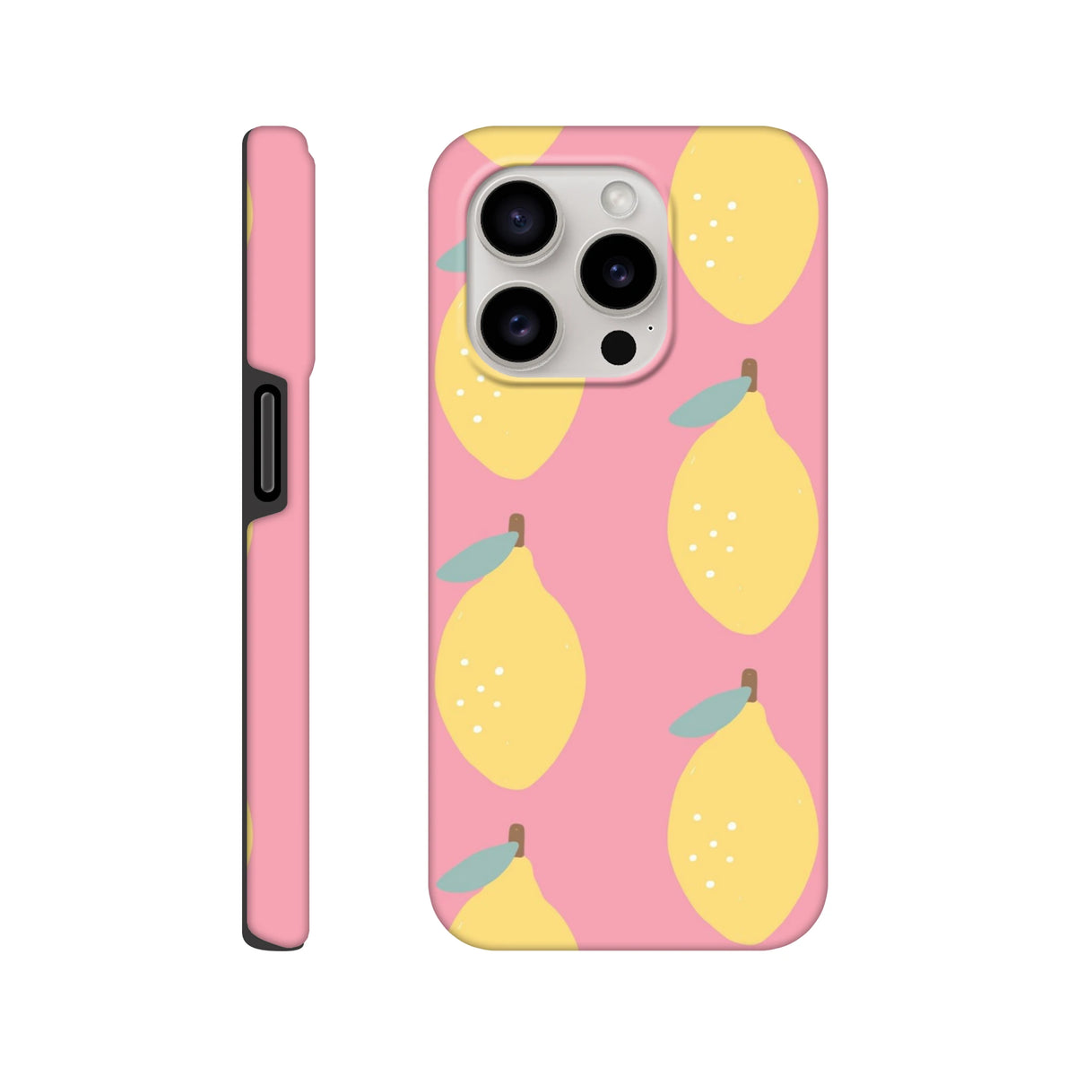 Pink lemon tough iPhone case featuring a cute yellow fruit pattern on a pink background. Durable phone cover for iPhone 13-16.