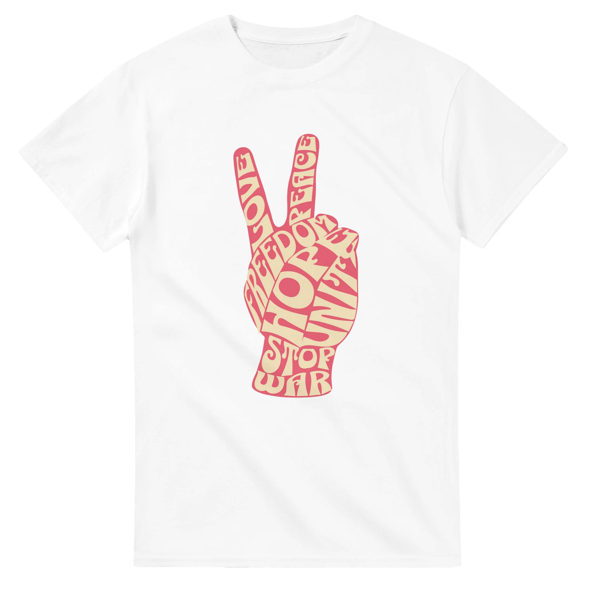 White heavyweight cotton blend men's T-shirt with pink and peach peace-sign hand graphic made of bold word art.