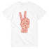 White heavyweight cotton blend men's T-shirt with pink and peach peace-sign hand graphic made of bold word art.