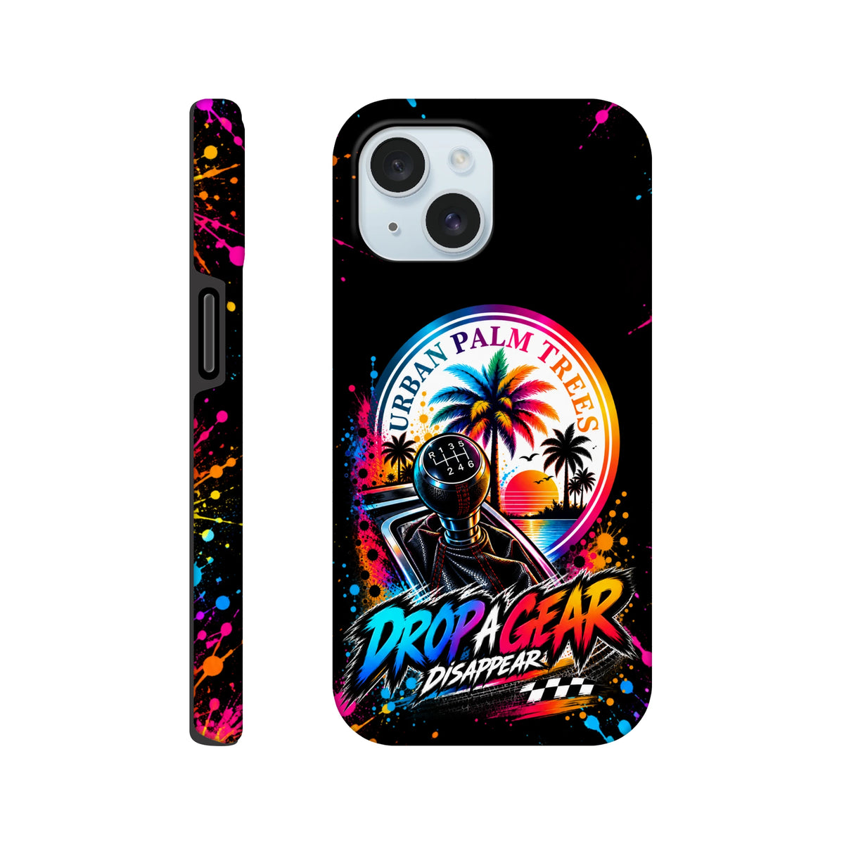 iPhone case with manual gear shifter, palm trees, and "Urban Palm Trees" text on a black background with colorful paint splatters.