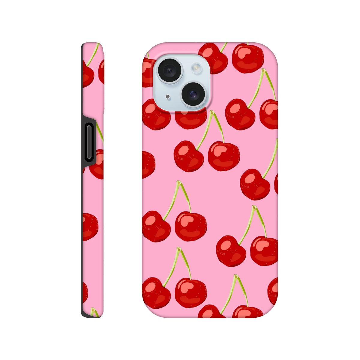 Pink iPhone case featuring a playful red cherry pattern with wraparound edges for tough protection and cute street-style color.