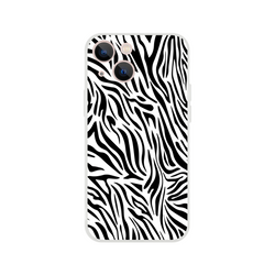 Black and white zebra-print iPhone case for 13–16, Y2K animal aesthetic with rose-gold camera rings.