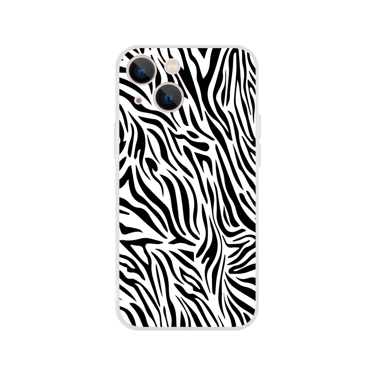 Black and white zebra-print iPhone case for 13–16, Y2K animal aesthetic with rose-gold camera rings.