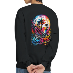 Black Low Life petrolhead graphic jumper. Features a colorful back print with a shock absorber, urban palm trees, and "Low Life" text.