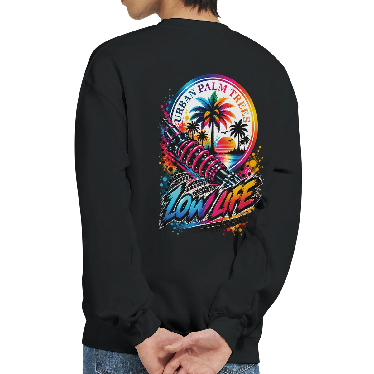 Black Low Life petrolhead graphic jumper. Features a colorful back print with a shock absorber, urban palm trees, and "Low Life" text.