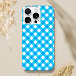 Retro blue gingham checkered tough iPhone case providing shock absorption and wireless charging compatibility for daily use.