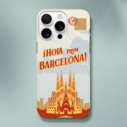 Barcelona Travel Postcard Tough iPhone Case for iPhone 13–16 with postcard print and Sagrada Familia motif.
