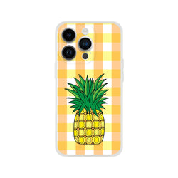 Pineapple gingham iPhone 13-16 case with yellow-orange gingham background, summer aesthetic.
