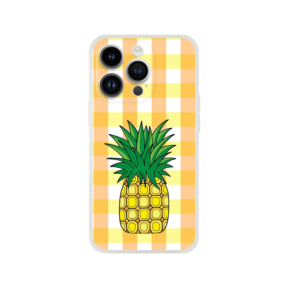 Pineapple gingham iPhone 13-16 case with yellow-orange gingham background, summer aesthetic.