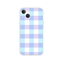 Blue pastel gingham iPhone case (13-16) with slim flexible shell and vibrant long-lasting print.