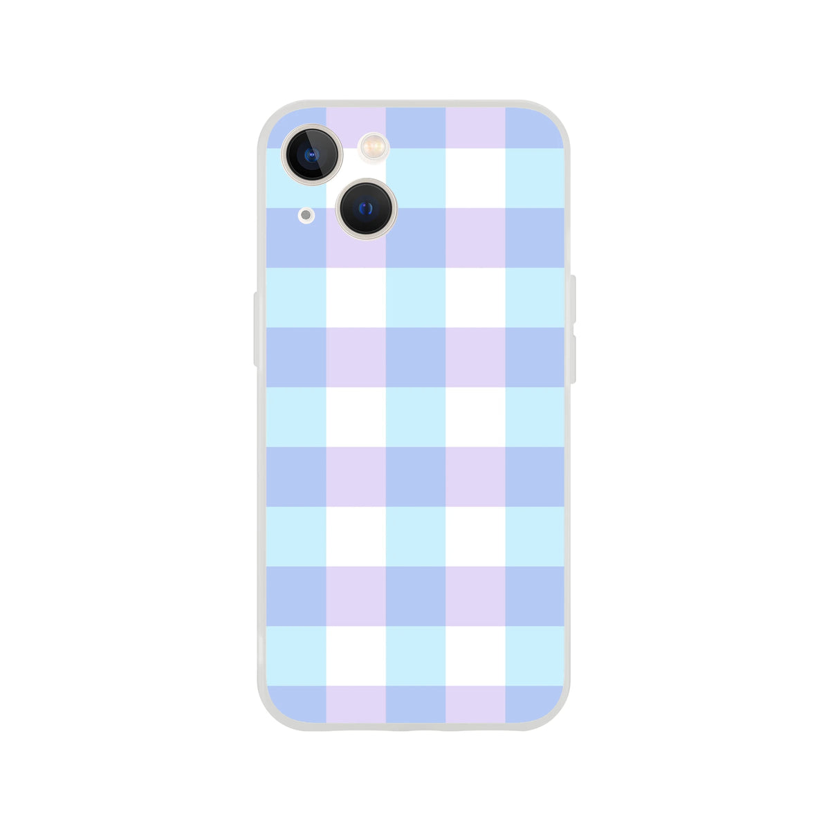 Blue pastel gingham iPhone case (13-16) with slim flexible shell and vibrant long-lasting print.